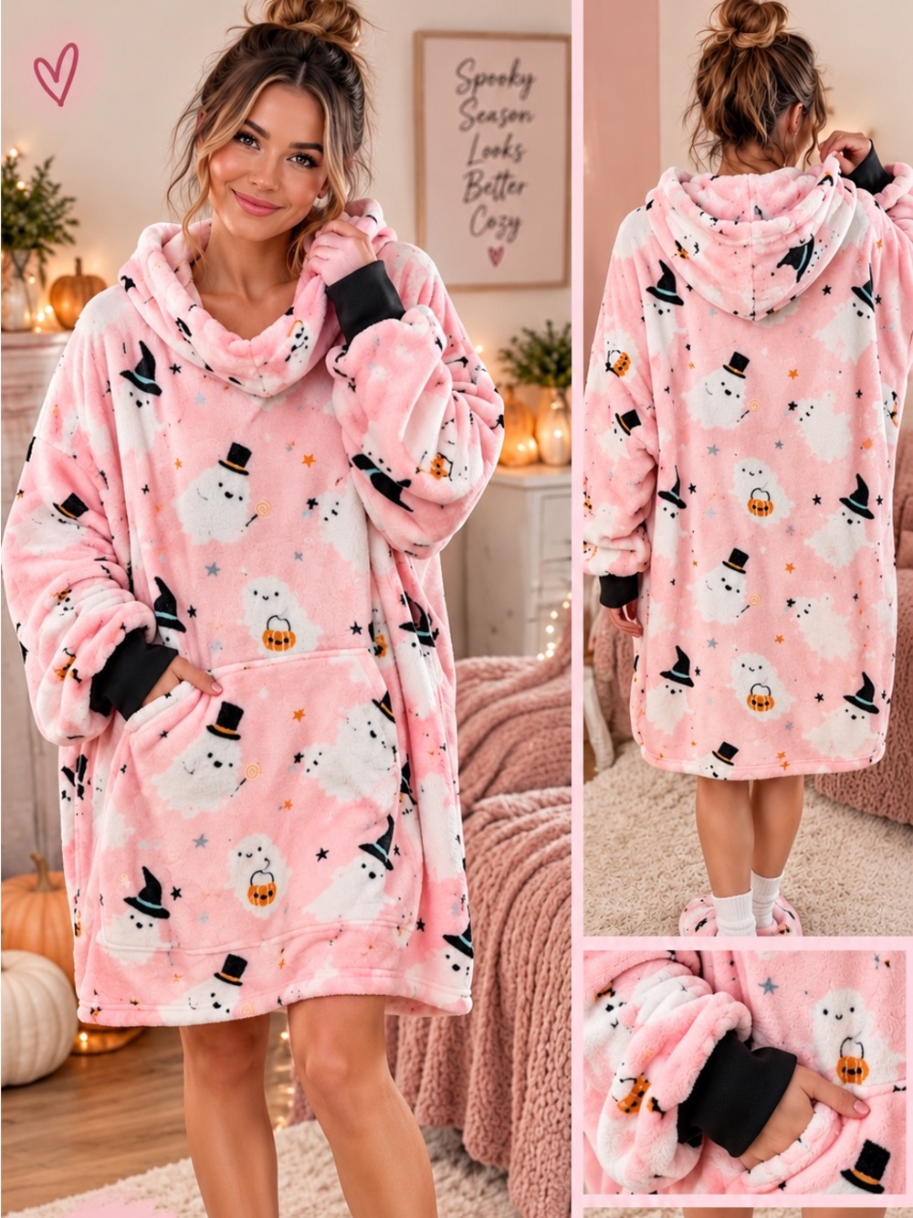 NWT Cupcakes & Cashmere Pink Ghost Oversized Hoodie Slipper Set